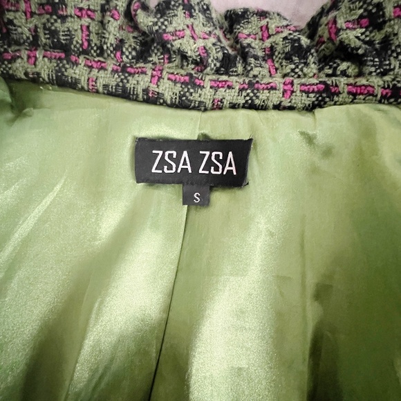 Zsa Zsa Plaid Tweed Blazer Jacket Ruffle Green Pink Size Small - Picture 9 of 10